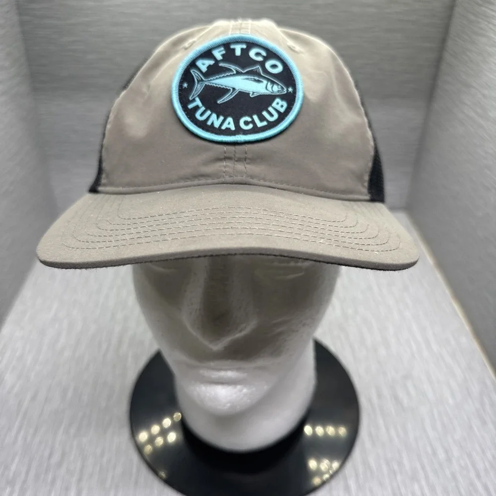 AFTCO Tuna Club Trucker Hat Khaki Black Mesh Back Embroidered Patch‎ OSFM